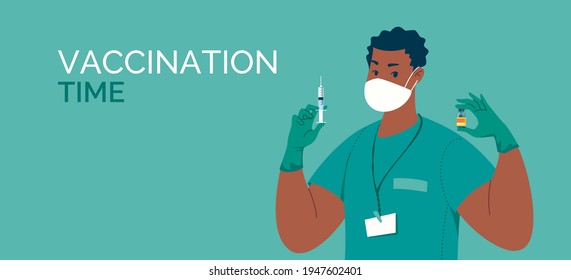 Doctor in latex gloves with a syringe and vaccine in his hands. Time of vaccination. Banner, template. Vector. Illustration. Flat. Cartoon