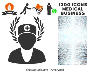 Doctor Laurel Wreath grey vector icon with 1300 healthcare commerce pictograms. Collection style is flat bicolor light blue and gray pictograms.