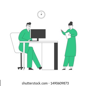 Doctor Learning Results of Patient Mri Brain Scan on Computer Monitor Screen, Nurse Stand nearby Writing Down Information in Hospital. Clinic Staff at Work Cartoon Flat Vector Illustration Line Art