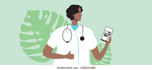 Doctor and leaves are isolated. Flat vector stock illustration. People with QR code on their phone screen. Technological medicine and treatment. Gadgets as modern technologies