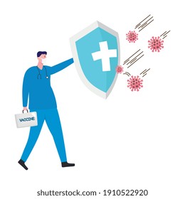 doctor lifting shield with covid19 virus particles vector illustration design