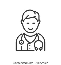 Doctor - line design single isolated icon on white background. High quality black pictogram, image of a smiling male physician with a phonendoscope. Healthcare, medical help concept