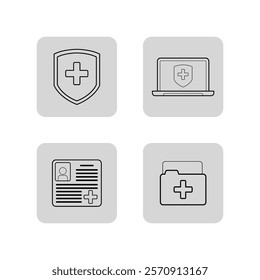 Doctor line icon collection. Medical shield, doctor or nurse badge, laptop with shield, medical records. Medicine, hospital, healthcare concept. Vector illustrations for web design and apps
