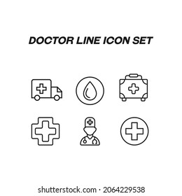 Colección de iconos de la línea del doctor. Iconos de línea vectorial en estilo plano de moda para sitios, aplicaciones, banners y volantes. Iconos de línea de la cruz médica, maleta, médico con estetoscopio, gota de sangre, auto médico 