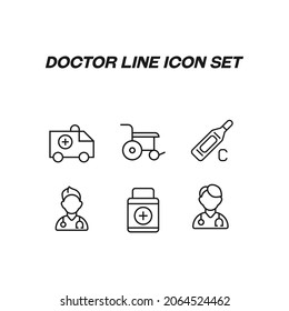 Doctor line icon collection. Vector line icons in trendy flat style for sites, apps, banners and flyers. Line icons of wheelchair, thermometer, doctor, medical car, pills, meds 