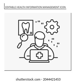 Doctor line icon. Dentist office. Tooth examination. Diagnosis and treatment. Health information management concept. Isolated vector illustration. Editable stroke