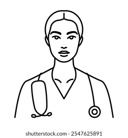 Doctor, line icon. Female doctor in lab coat, with stethoscope. Avatar, portrait of person who have medical profession. Health care, treatment, therapy. Linear illustration, editable stroke icon