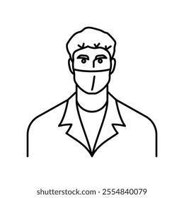 Doctor, line icon. Man doctor in lab coat, face mask. Avatar, portrait of person who have medical profession. Health care, treatment, therapy. Linear illustration, editable stroke icon