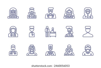 Conjunto de iconos de línea del médico. Trazo editable. Ilustración vectorial. Contiene pediatría, doctor, enfermera, mascarilla médica.