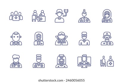 Conjunto de iconos de línea del médico. Trazo editable. Ilustración vectorial. Conteniendo consulta médica, equipo médico, consultorio médico, hombre, médico.