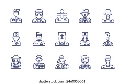 Conjunto de iconos de línea del médico. Trazo editable. Ilustración vectorial. Con dentista, doctor, equipo médico, hombre.
