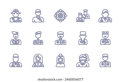 Conjunto de iconos de línea del médico. Trazo editable. Ilustración vectorial. Conteniendo organización, doctor, enfermera, equipo médico, salud, máscara médica.