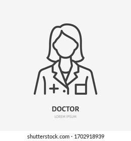 Doctor line icon, vector pictogram of woman physician with stethoscope. Lady hospital worker illustration, nurse sign for medical poster.