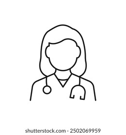 Icono de la línea del doctor. Mujer con estetoscopio. Concepto de ocupación. Se puede utilizar para temas como medicina, clínica, atención médica