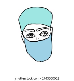 Doctor linear drawing.Portrait of Doctor minimalist design. Doodle. Vector illustration on white background. For cards, posters, decor, t shirt design, logo.
