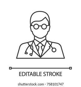 Doctor linear icon. Medical worker. Practitioner. Scientist. Thin line illustration. Contour symbol. Vector isolated outline drawing. Editable stroke