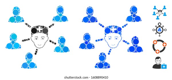 Doctor linked patients composition of small circles in different sizes and shades, based on doctor linked patients icon. Vector small circles are composed into blue composition.