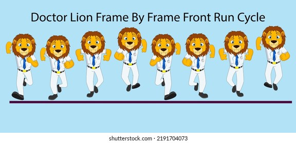 Doctor Lion Frame By Frame Front Run Cycle Vector Illustration. Design For Motion Graphics, 2D Animation, Infographic, Pose Animation, Animated Motion Poster