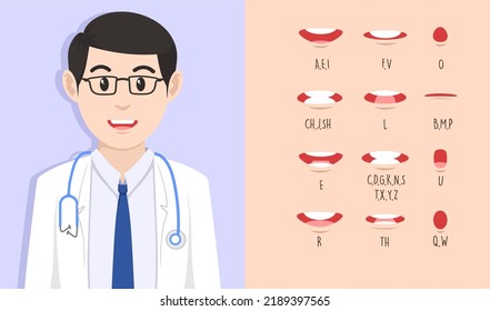 doctor lip sync. Lip sync collection for animation. male mouth animation. Phoneme mouth chart. Alphabet pronunciation. Vector illustration.