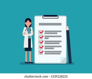 Doctor with list of health check up. Medical check concept, Happy cartoon vector character design.