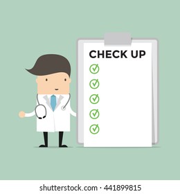 Doctor With List Of Medical Check Up. Vector