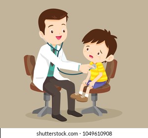 Doctor listening to chest of patient with stethoscope.Mom and Boy to see Doctor sitting at the table in hospital, infirmary, clinic.healthcare concept.