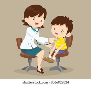 Doctor listening to chest of patient with stethoscope.Mom and Girl to see Doctor sitting at the table in hospital, infirmary, clinic.healthcare concept.