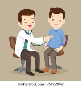 Doctor Listening To Chest Of Patient With Stethoscope. Adult Patient Visiting Doctor. Doctor Examining Chest Of A Patient.