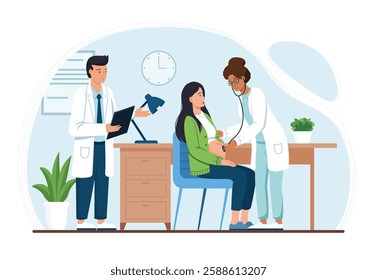 Doctor listening child heartbeat in belly with stethoscope. Pregnant woman at hospital appointment. Consultation and examination during pregnancy. Future mom health checkup. Flat vector illustration.