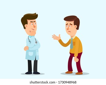 The doctor is listening to the patient. A sick man tells the therapist about his symptoms, disease . Visit to the doctor. Vector illustration, flat design, cartoon style, isolated background.