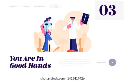 Doctor Listening to Patient Standing on Crutches with Broken Leg Showing X-ray Picture with Limb Fracture. Healthcare, Hospital Website Landing Page, Web Page. Cartoon Flat Vector Illustration, Banner