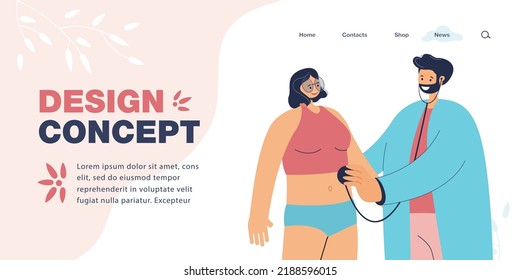 Doctor listening patients heart beating with stethoscope. Therapist examining woman in hospital flat vector illustration. Occupation, healthcare concept for banner, website design or landing web