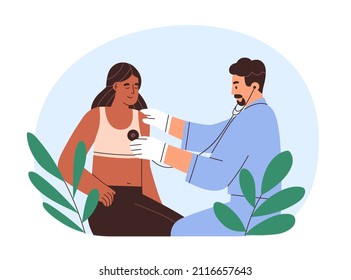 Doctor listening patients heartbeat with stethoscope. Woman visiting physician for medical checkup, examination. Person at therapists appointment. Flat vector illustration isolated on white background