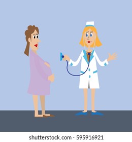 doctor listening to pregnant woman. vector illustration. Cartoon