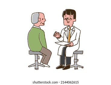 Doctor listening to the story of an elderly man Comical handwritten person Vector, line drawing and color