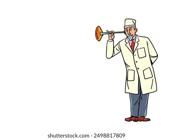 El médico escucha al paciente usando instrumentos. Contacte a un especialista con problemas de salud. Anuncio de consultas médicas. Dibujo a mano de Ilustración vectorial retro de arte pop de dibujos animados cómicos. En