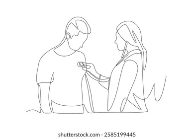 Doctor listens to patient's heartbeat. Listening to a chest concept one-line drawing