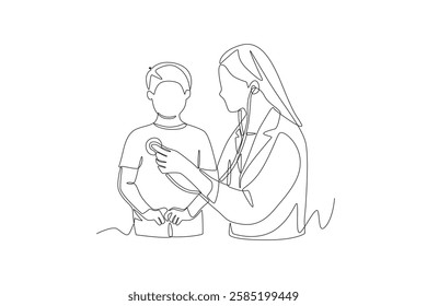 Doctor listens to patient's heartbeat. Listening to a chest concept one-line drawing