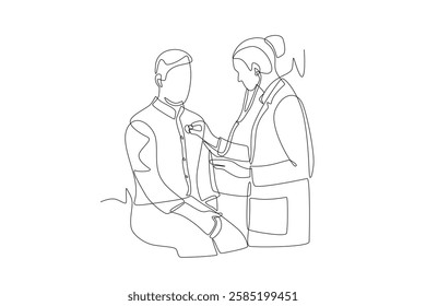 Doctor listens to patient's heartbeat. Listening to a chest concept one-line drawing