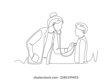 Doctor listens to patient's heartbeat. Listening to a chest concept one-line drawing