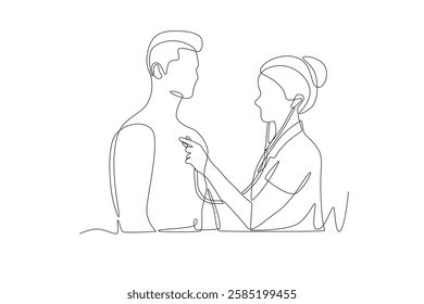 Doctor listens to patient's heartbeat. Listening to a chest concept one-line drawing