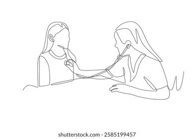 Doctor listens to patient's heartbeat. Listening to a chest concept one-line drawing