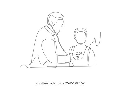 Doctor listens to patient's heartbeat. Listening to a chest concept one-line drawing