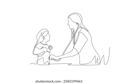 Doctor listens to patient's heartbeat. Listening to a chest concept one-line drawing