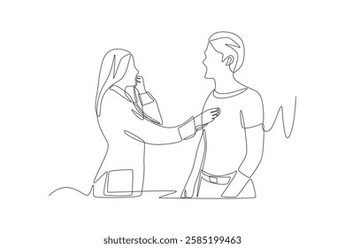 Doctor listens to patient's heartbeat. Listening to a chest concept one-line drawing