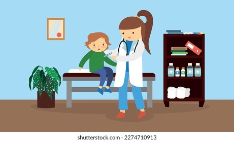 Doctor and little girl in clinic. Vector illustration in flat style.