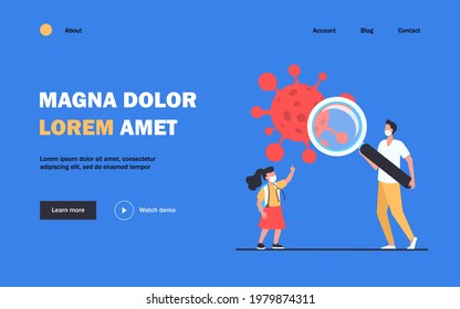 Doctor and little girl studying virus with magnifier. Coronavirus, mask, pandemic flat vector illustration. Medicine and examination concept for banner, website design or landing web page