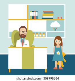 Doctor and little patient in friendly office surgery. Pediatric clinic. Flat cartoon vector illustration. 