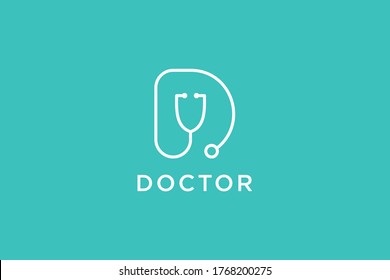 Doctor Logo. White Line Style Initial Letter D Linked with Stethoscope Symbol isolated on Blue Background. Usable for Healthcare Medical Logos. Flat Vector Logo Design Template Element.