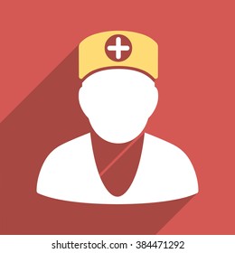 Doctor long shadow vector icon. Style is a light flat symbol on a red square button.